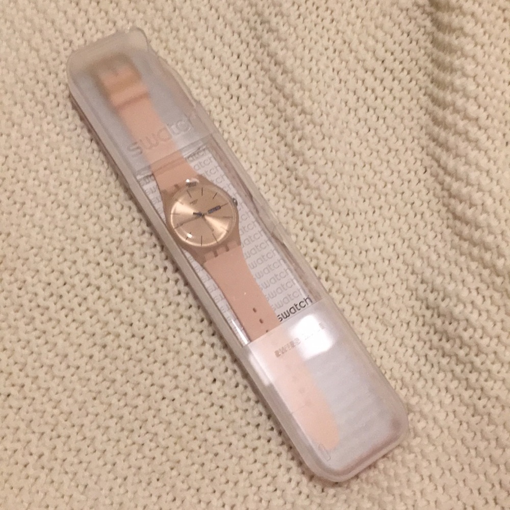 Blush Pink Swatch Women’s Wristwatch in case